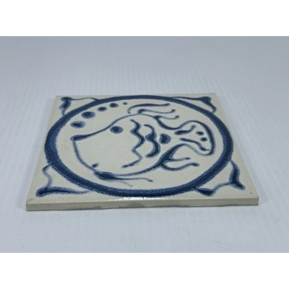 Vintage Mid Century Mod Ceramic Blue Fish Trivet Tile 6